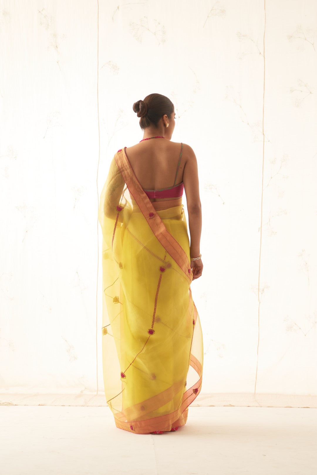 Yellow Organza Saree Set with Pink Border Comes With Stitched Chanderi Blouse and Organic Cotton Stitched Petticoat ( 03 Pcs. )