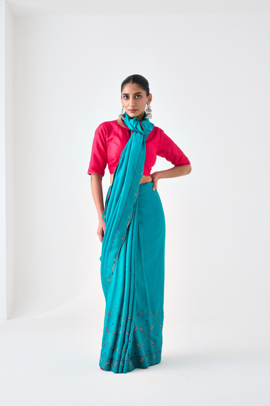 Turquoise Silk Embroidered Saree Paired with Organic Cotton Stitched Petticoat (02 pcs.)