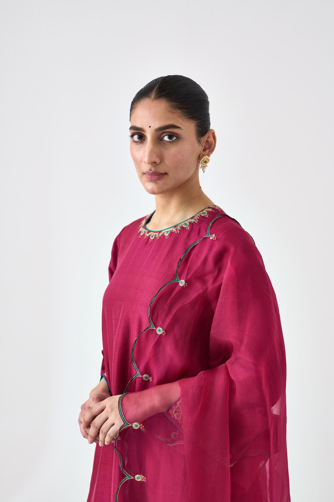 Wine Silk Dupion Embroidered Kurta Paired with Silk Pant & Organza Dupatta (03 Pcs.)