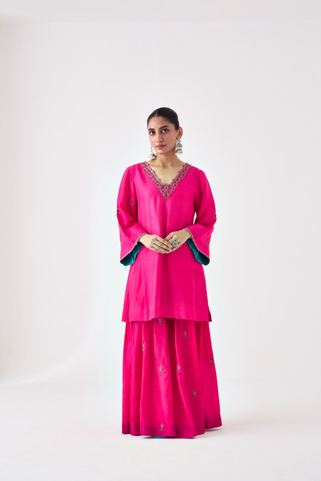 Fuchsia Silk Dupion Embroidered Short Kurta Paired with Silk Sharara & Organza Dupatta (03 PCS.)