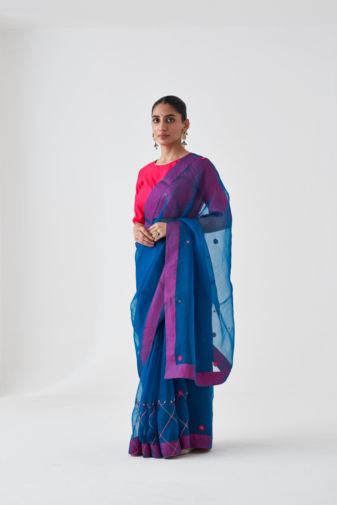 Blue Organza Embroidered Saree Paired with Organic Cotton Stitched Petticoat (02 Pcs.)