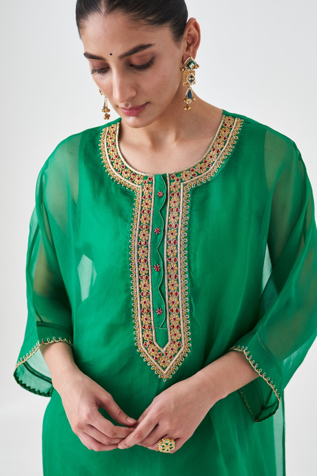 Green Organza Embroidered Kaftan, Silk Slip & Silk Pant (03 pcs.)