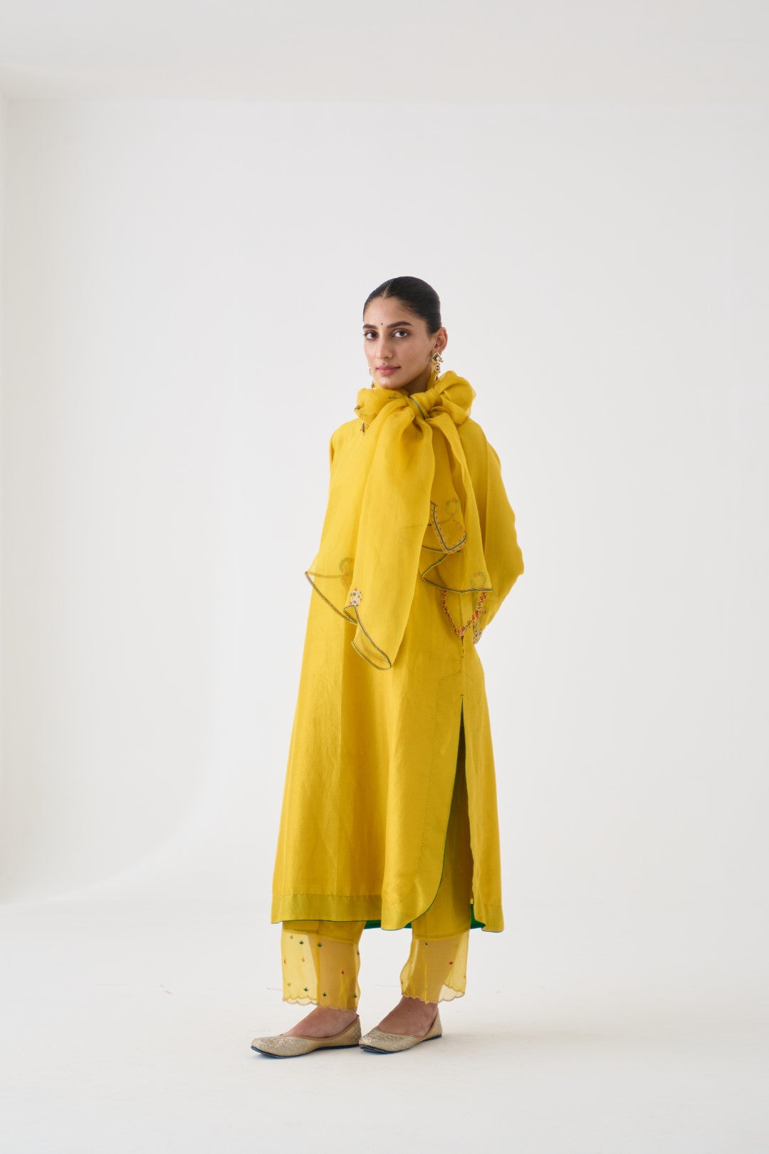 Yellow Silk Dupion Embroidered Kurta, Silk Pant & Organza Dupatta (03 Pcs.)
