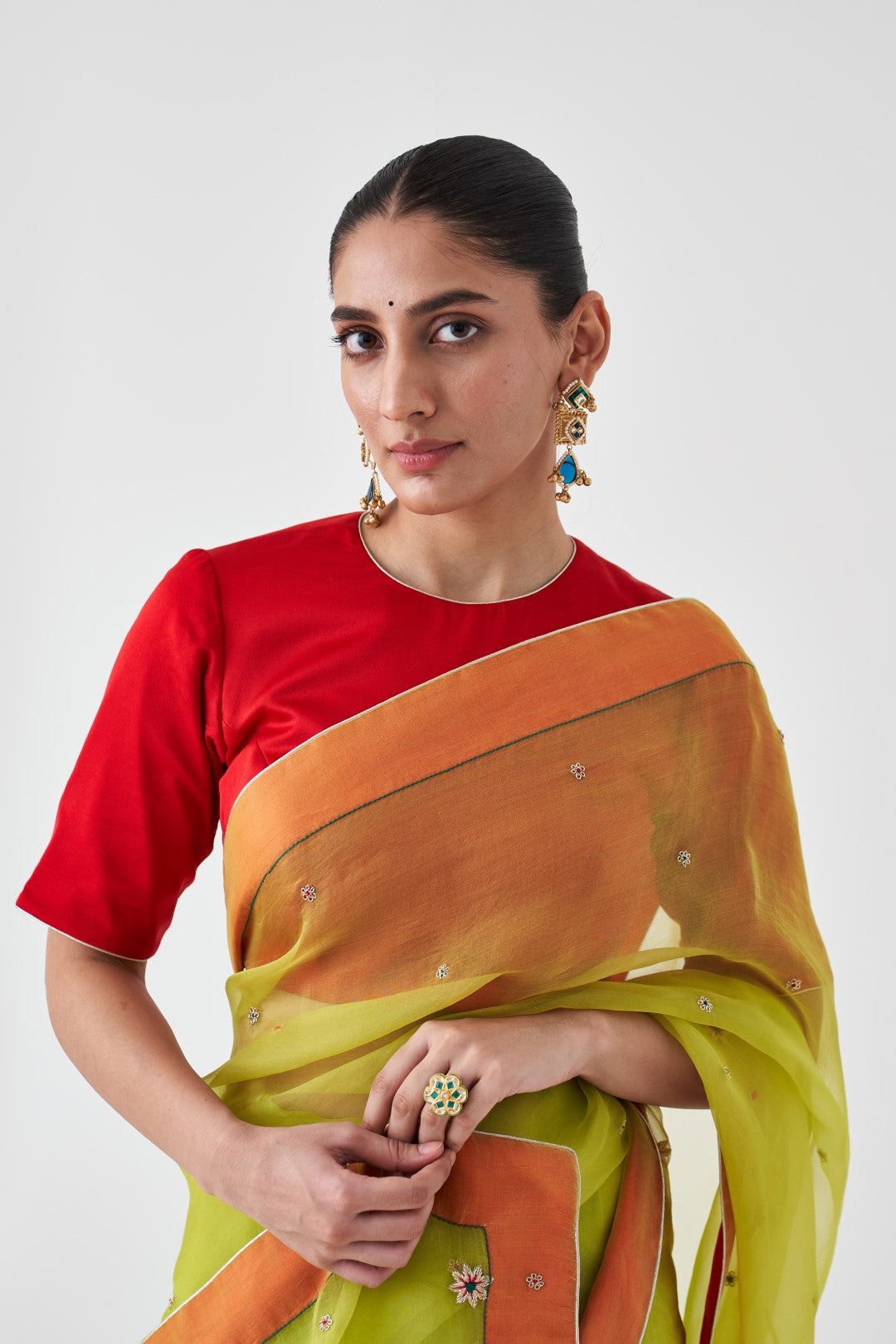 Lime Green Organza Embroidered Saree Paired with Organic Cotton Stitched Petticoat (02 Pcs.)