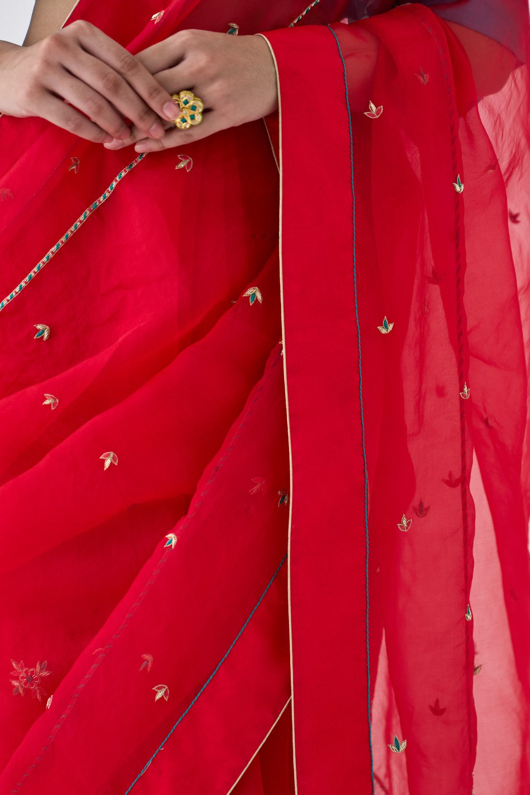 Red Organza Embroidered Saree Paired with an Organic Cotton Stitched Petticoat (02 Pcs.)