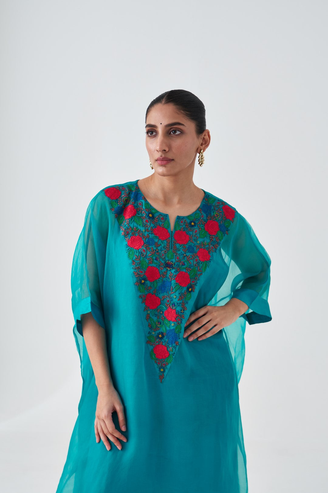 Turquoise Organza Multicoloured Embroidered Kaftan with Silk Slip and Pant (03 Pcs.)