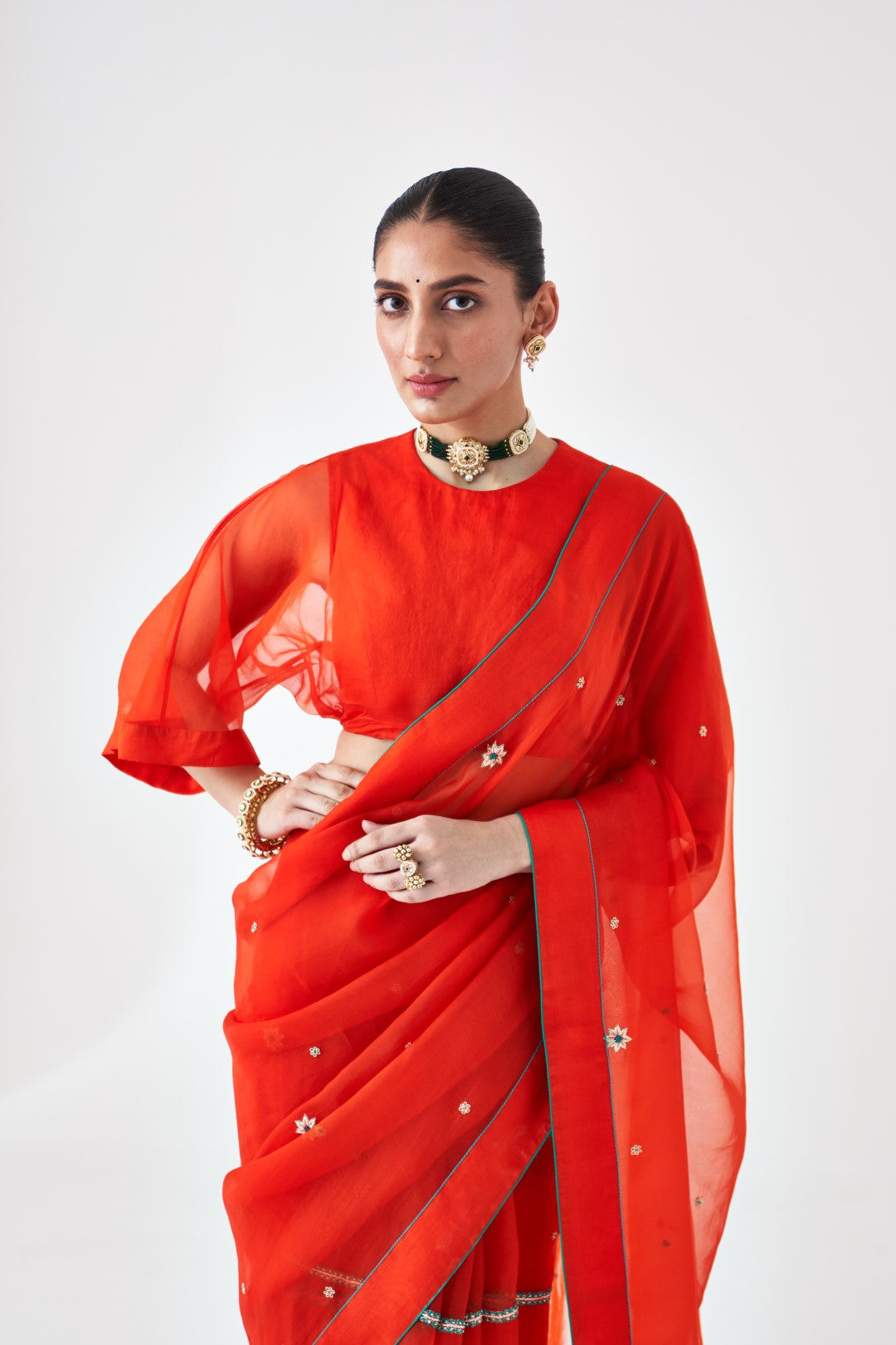 Orange Embroidered Organza Saree Paired with Organic Cotton Stitched Petticoat (02 Pcs.)