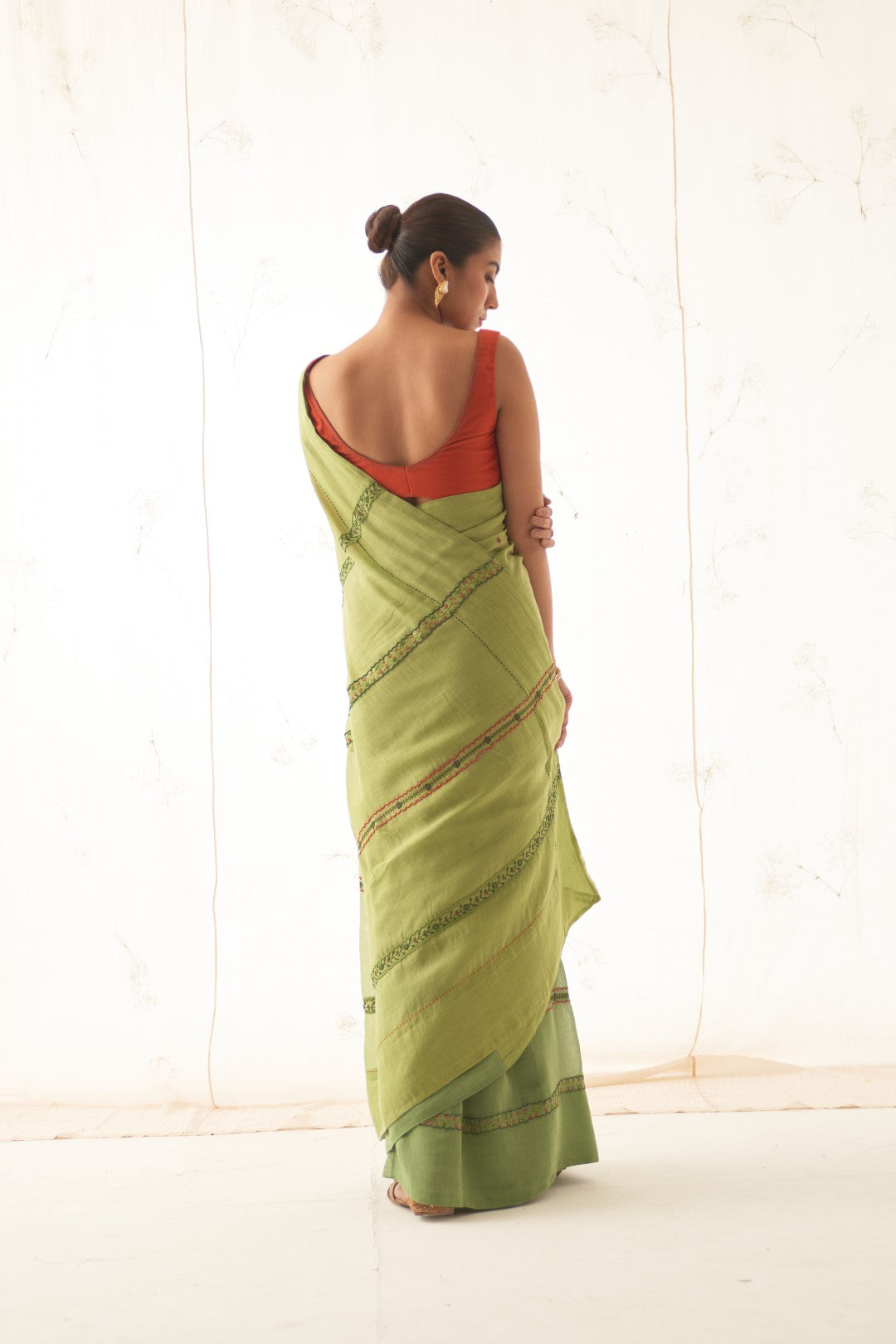 Green Chanderi  Saree With Stitched Chanderi  Blouse and Organic Cotton Stitched Petticoat ( 03 Pcs. )