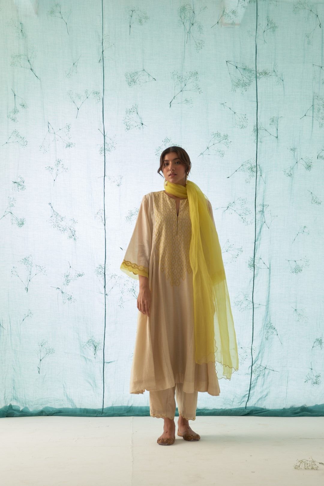 Ivory - Yellow Embroidery On Yoke Kurta Set