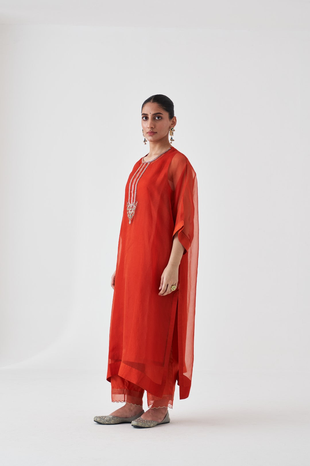 Rust Organza Embroidered Kaftan Paired with Silk Slip & Silk Pant (03 PCS.)
