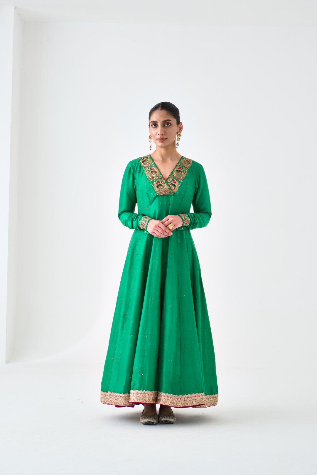Green Silk dupion Embroidered Anarkali with Silk Pant & Organza Dupatta (03 Pcs.)