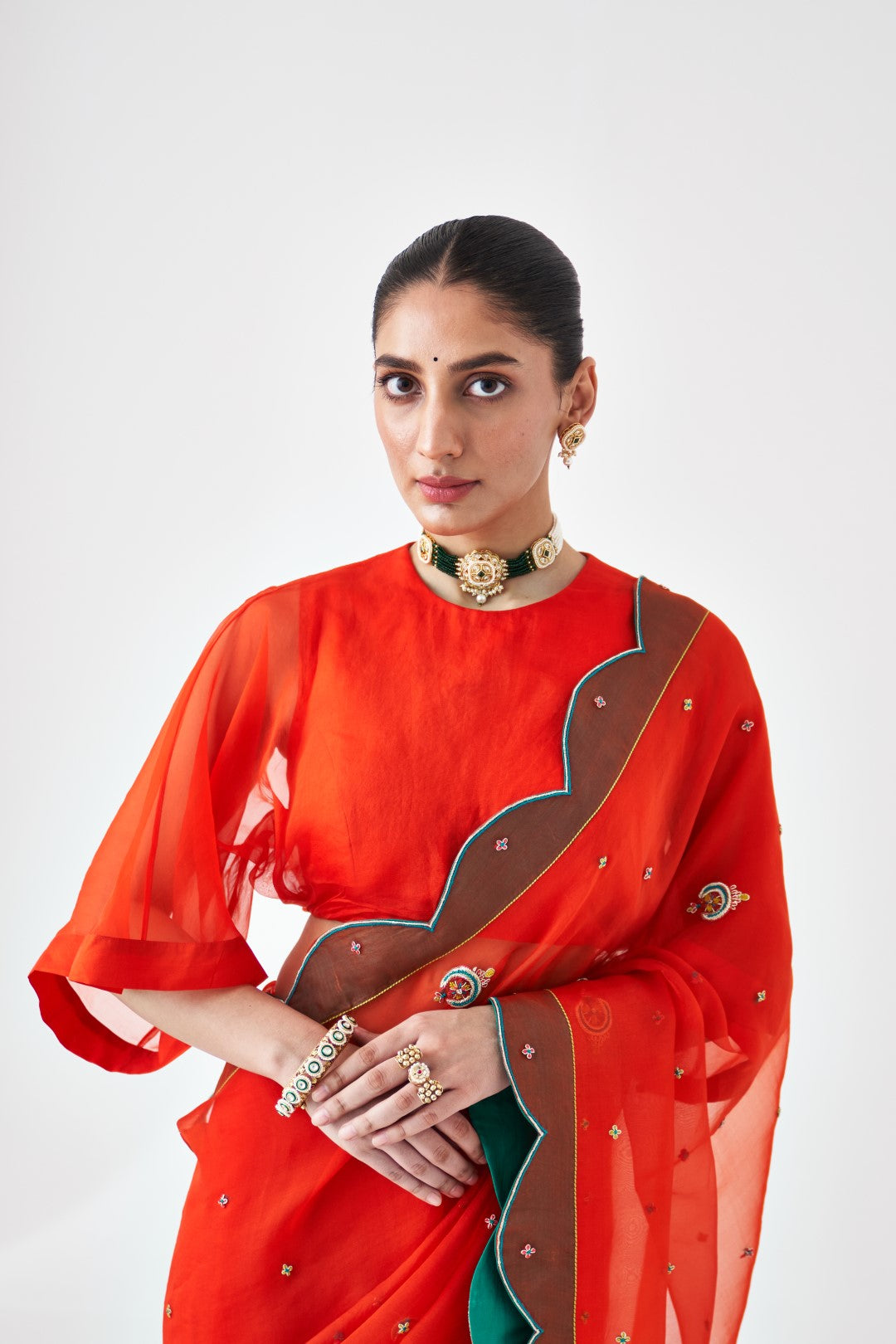 Rust Scallop Border Embroidered Saree Paired with Stitched Organic Cotton Petticoat (02 pcs.)