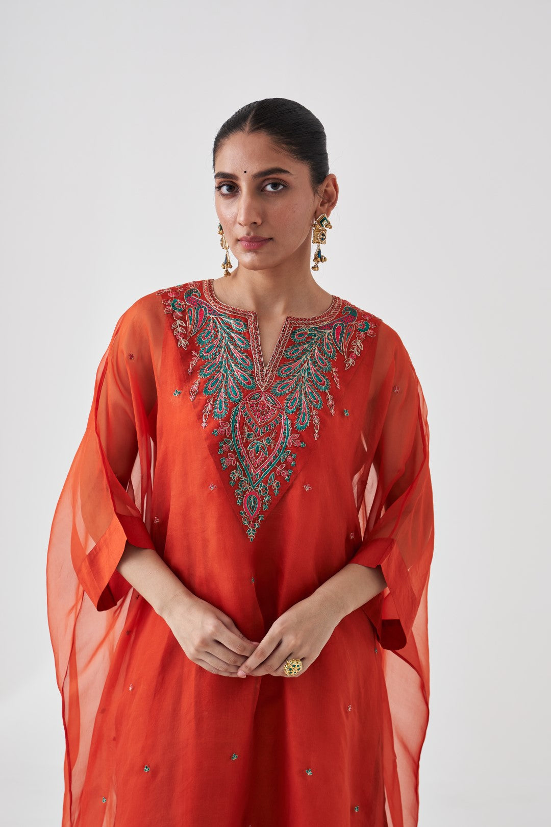 Rust Organza Embroidered Kaftan Paired with Silk Slip & Silk Pant (03 Pcs.)