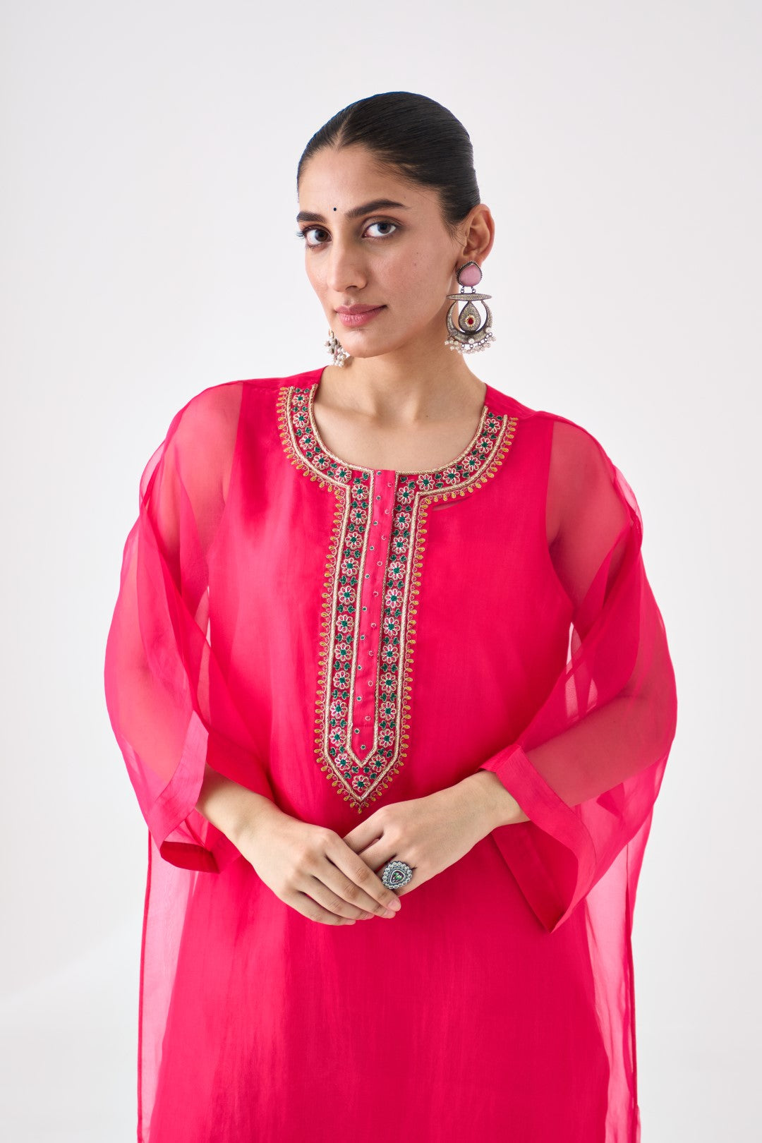 Fuchsia Organza Embroidered Kaftan Paired with Silk Slip and Silk Pant (03 Pcs.)