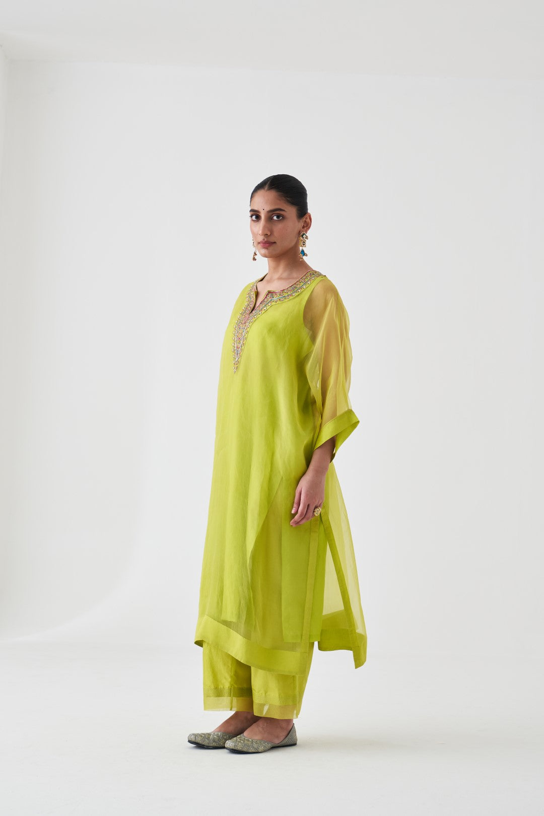 Lime Green Organza Embroidered Kaftan Paired with Silk Slip & Silk Pant (03 PCS.)