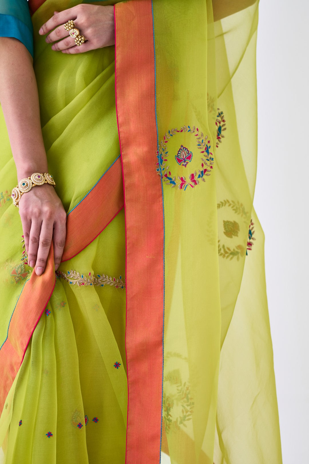 Lime Green Embroidered Saree Paired with Organic Cotton Stitched Petticoat (02 Pcs.)