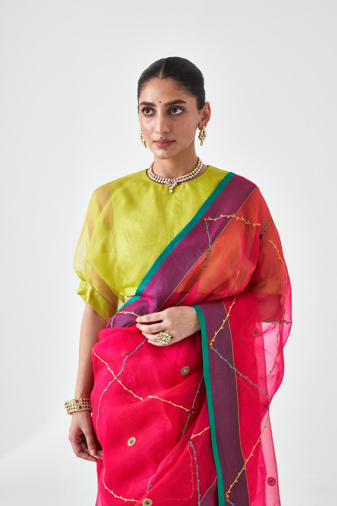 Fuchsia Organza Jaal Embroidered Saree Paired with Organic Cotton Petticoat (02 pcs.)