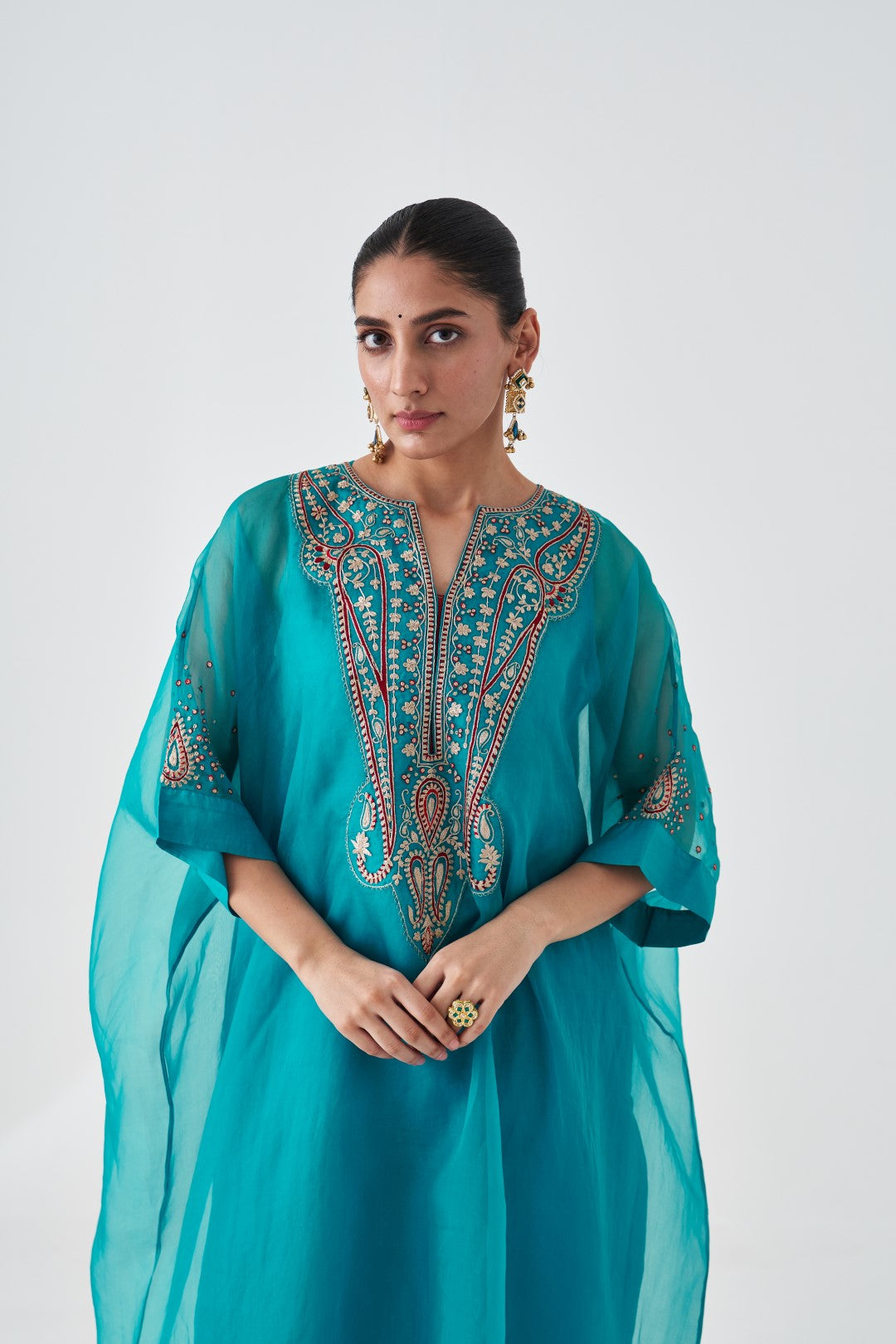 Turquoise Organza Embroidered Kaftan Paired with Silk Slip & Silk Pant (03 Pcs.)