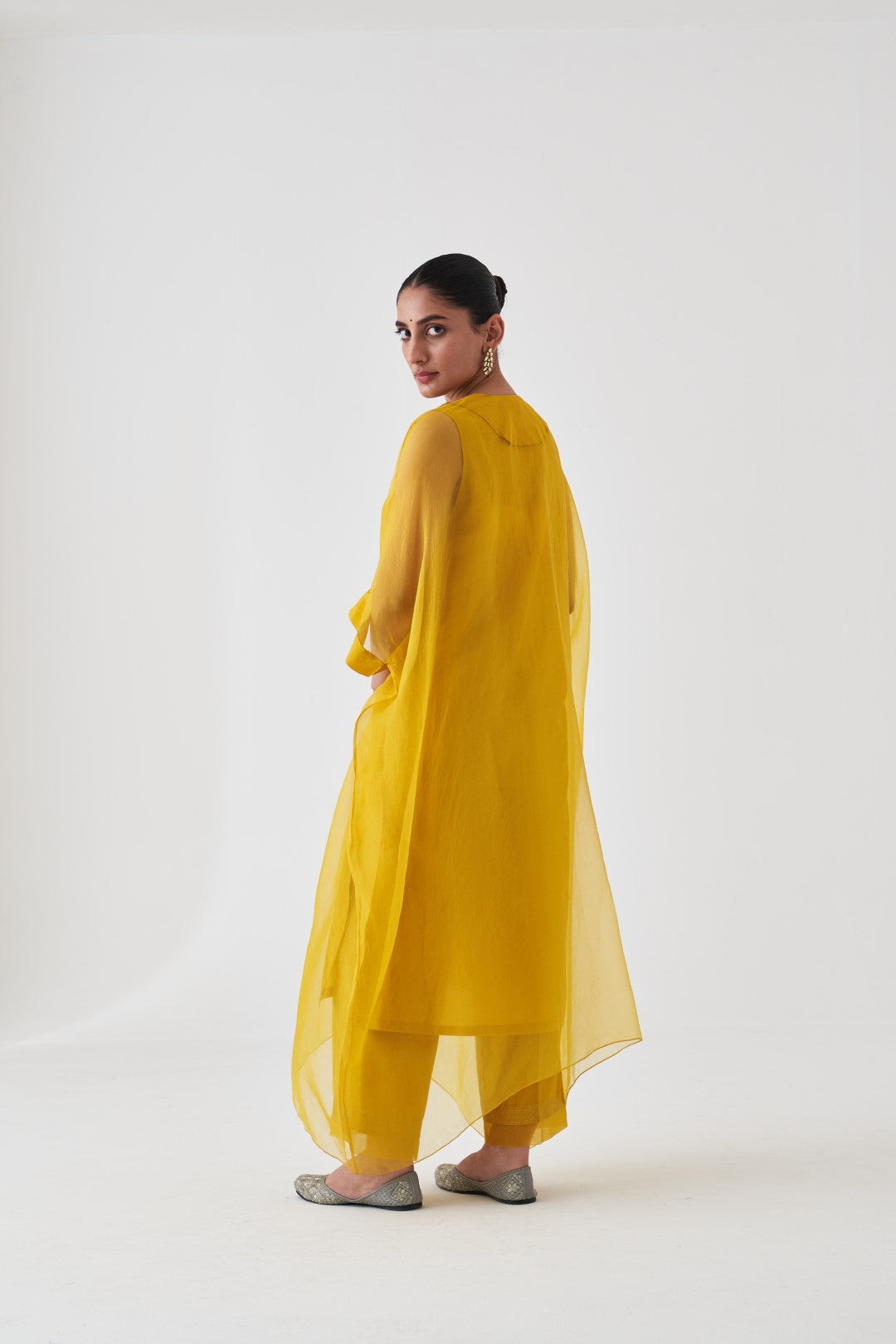 Yellow Organza Multicoloured Embroidered Kaftan Paired with Silk Slip and Pant (03 Pcs.)