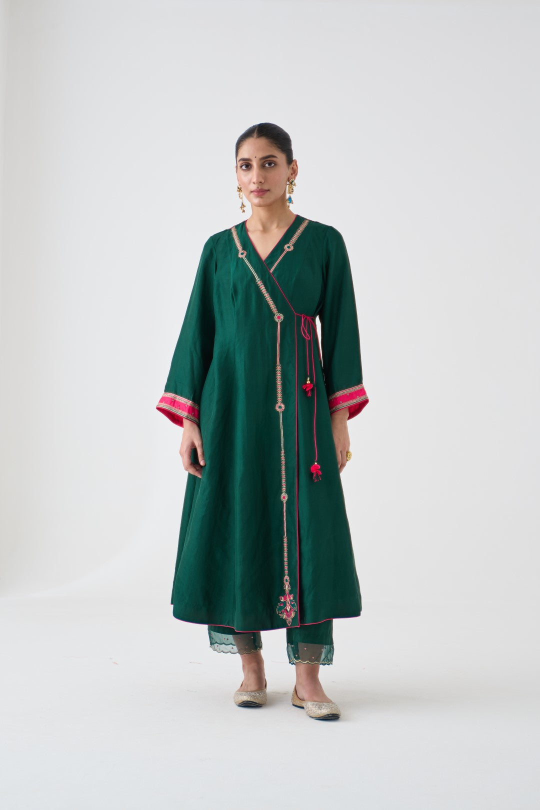 Dark Green Embroidered Angrakha with Silk Pant & Organza Dupatta (03 PCS.)