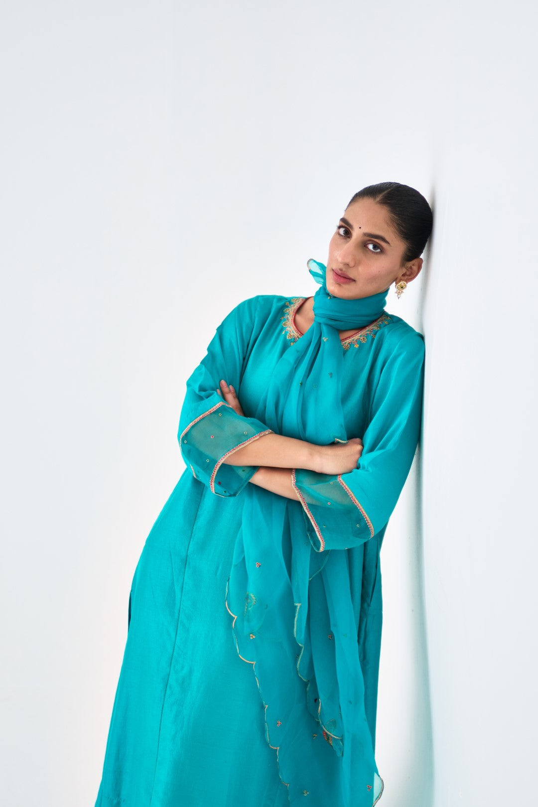 Turquoise Silk Dupion Embroidered Kurta Paired with Silk Pant & Organza Dupatta (03 Pcs.)