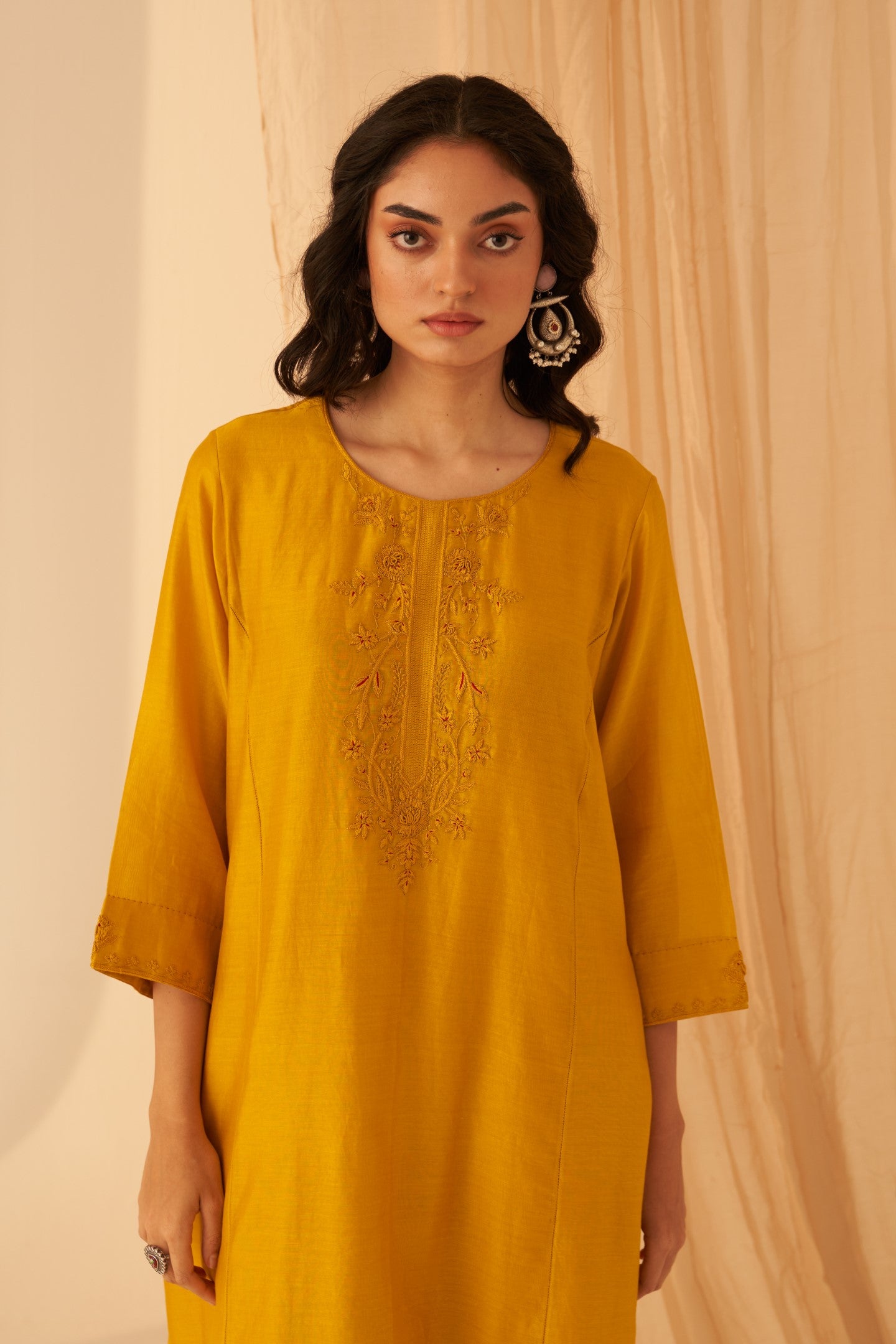 Mustard Chanderi floral embroidered and katha stitched work kurta paired with pant & organza dupatta