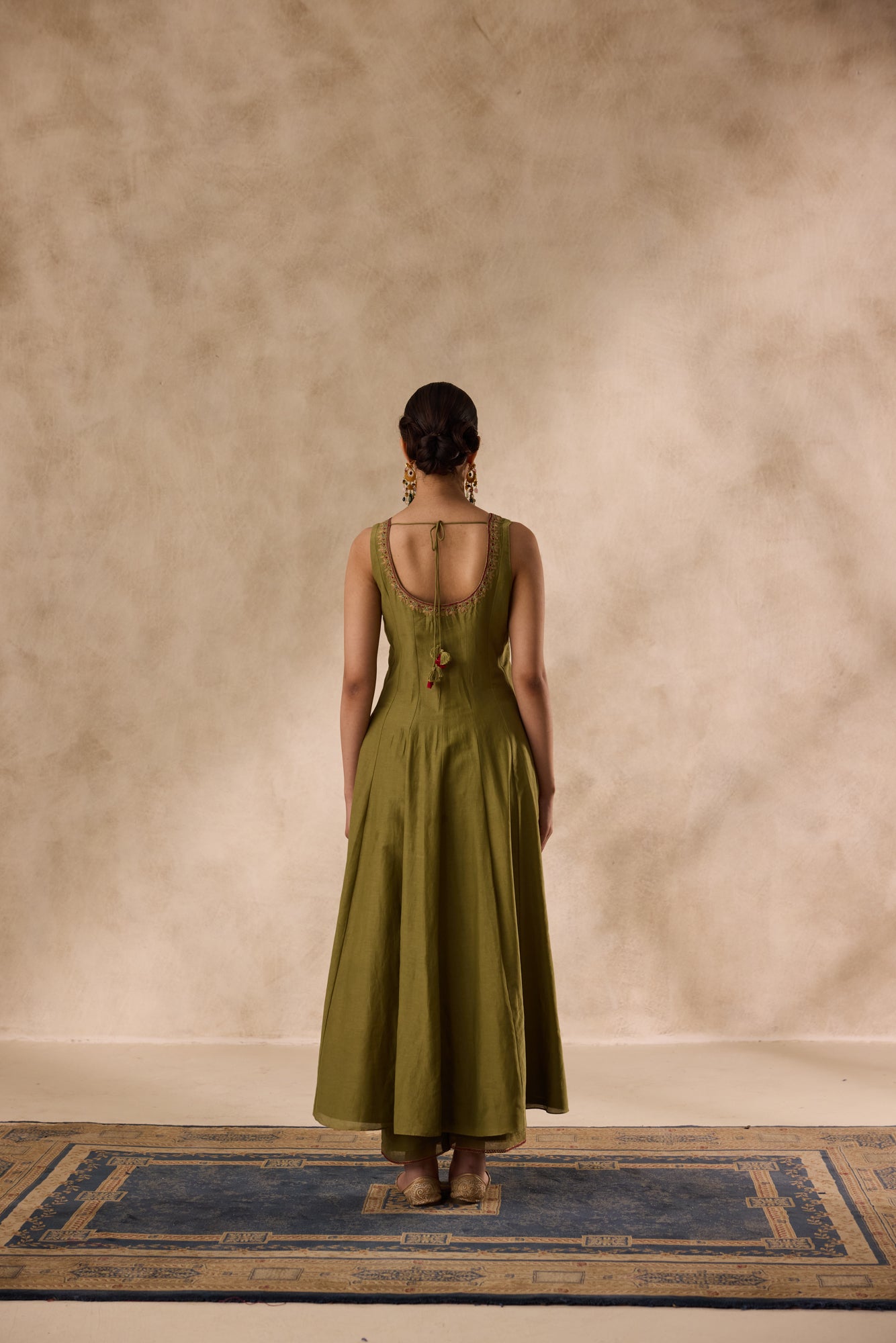Mehendi green cotton silk dori work and resham embroiderd anarkali paired with pant & organza heavy border dupatta