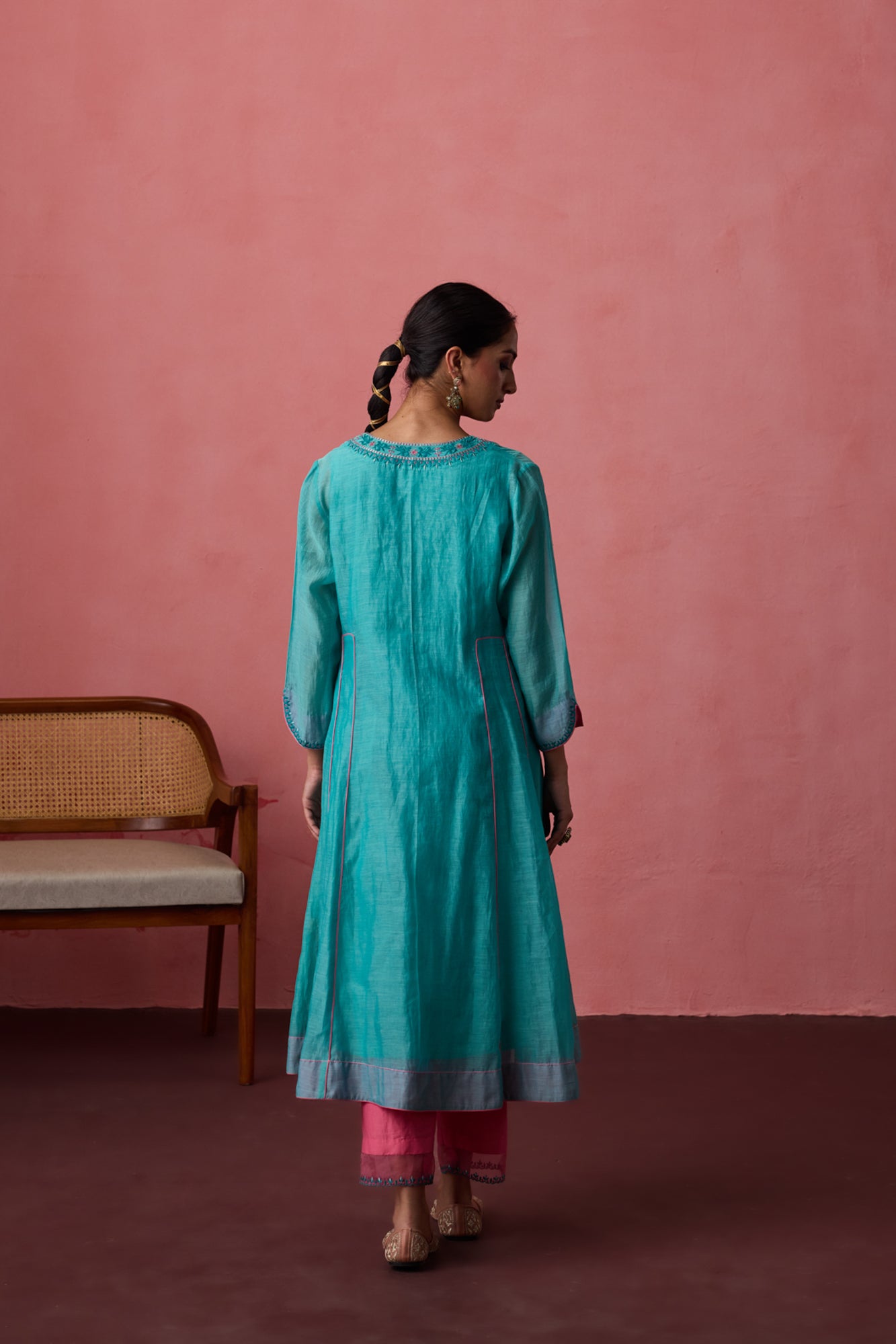 Sky blue - Pink embroidered chanderi kurta paired with pants & organza heavy border dupatta