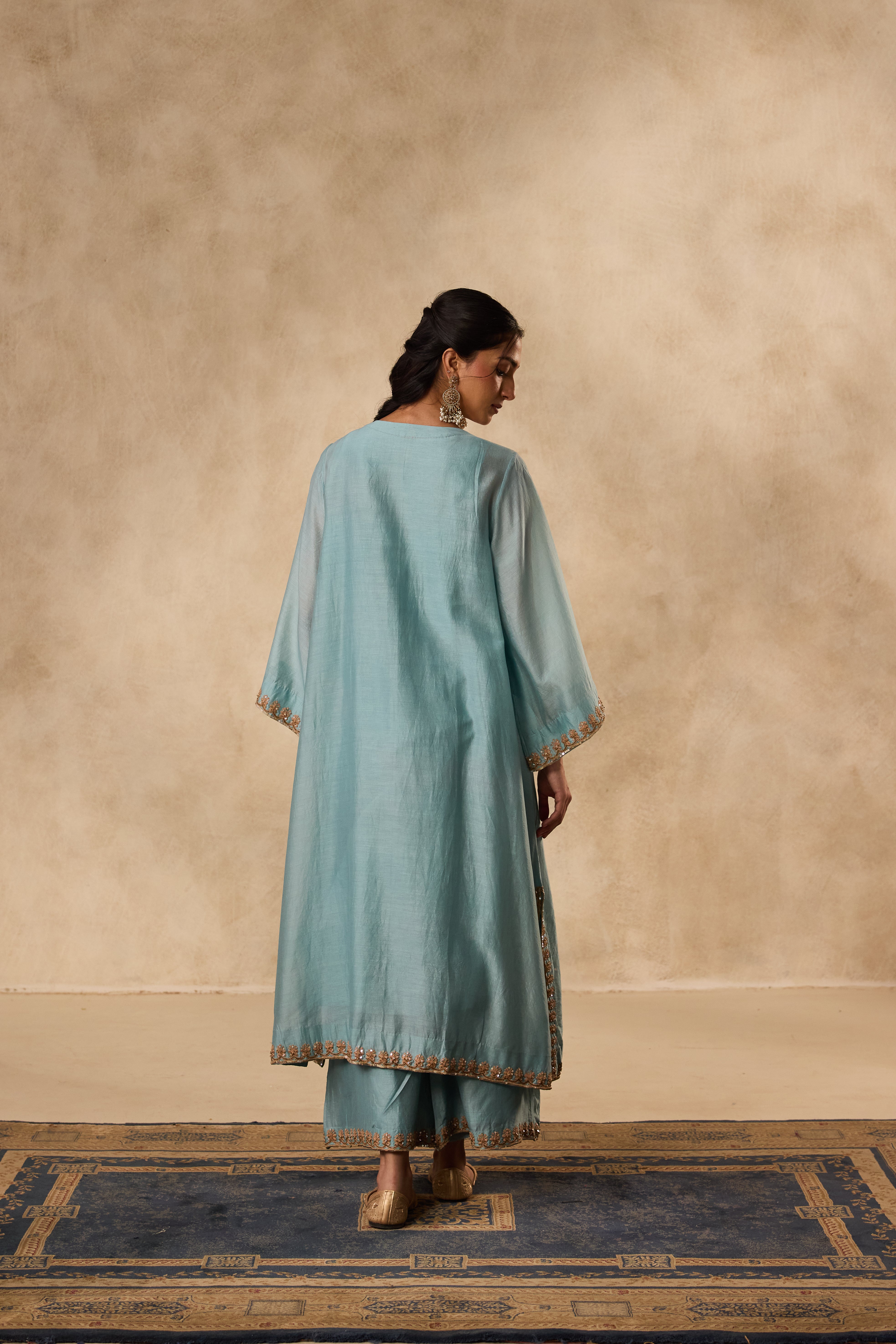 SKY BLUE A-LINE DORI & RESHAM EMBROIDERED CHANDERI KURTA WITH ORGANIC COTTON SLIP, MATCHING PANT & ORGANZA DUPATTA