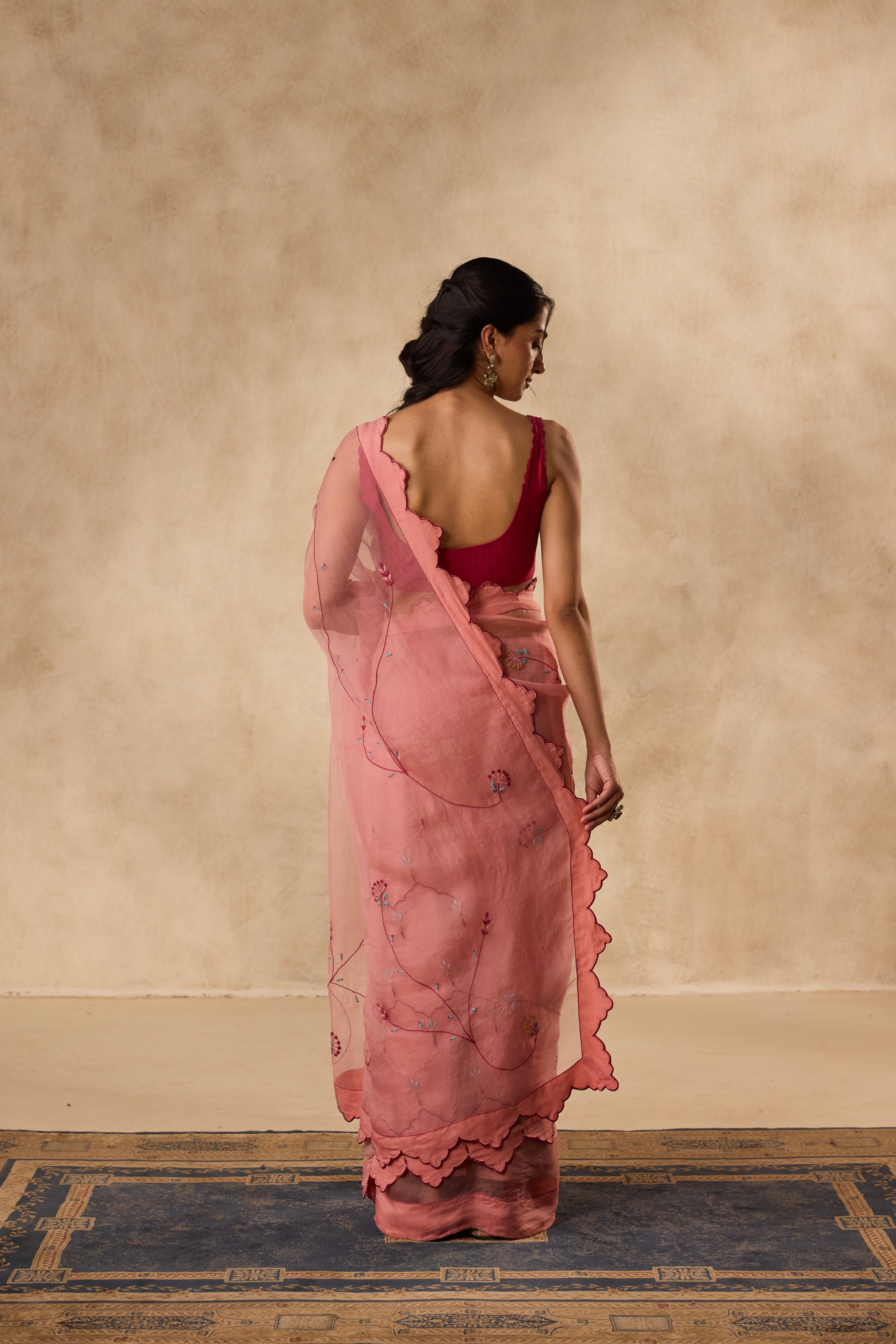 PEACH ORGANZA EMBROIDERED SAREE paired WITH UNSTITCHED CHANDERI BLOUSE FABRIC