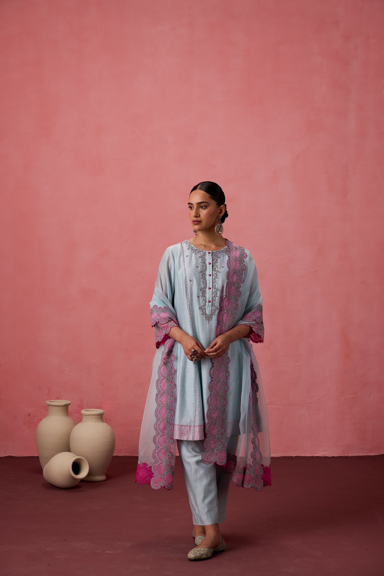 Sky blue chanderi dori work floral and french knot embroidered kurta paired with pant & organza dupatta