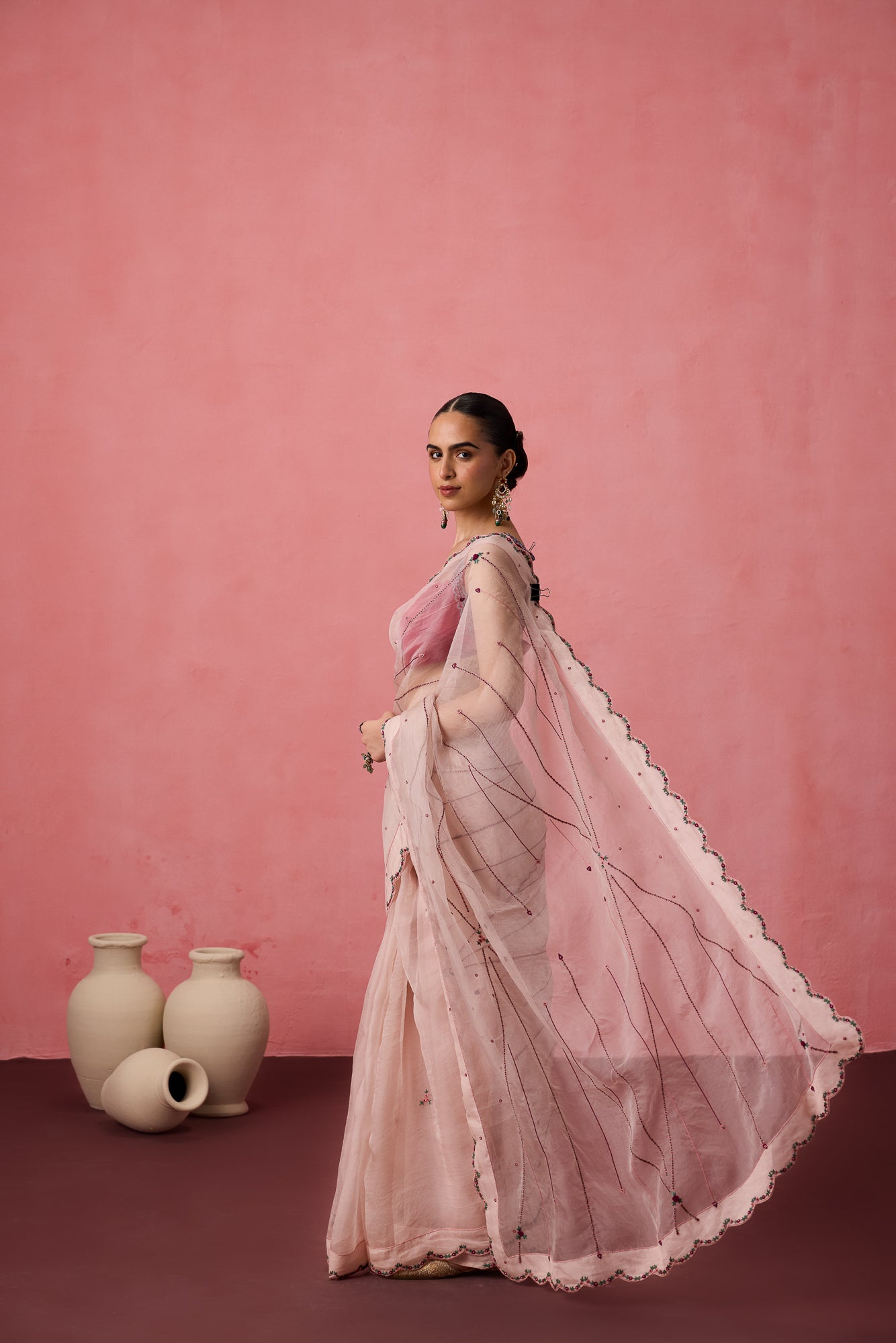 Cozy pink organza bullion & kaatha work embroidered saree comes with unstitched & unembroidered blouse fabric in chanderi