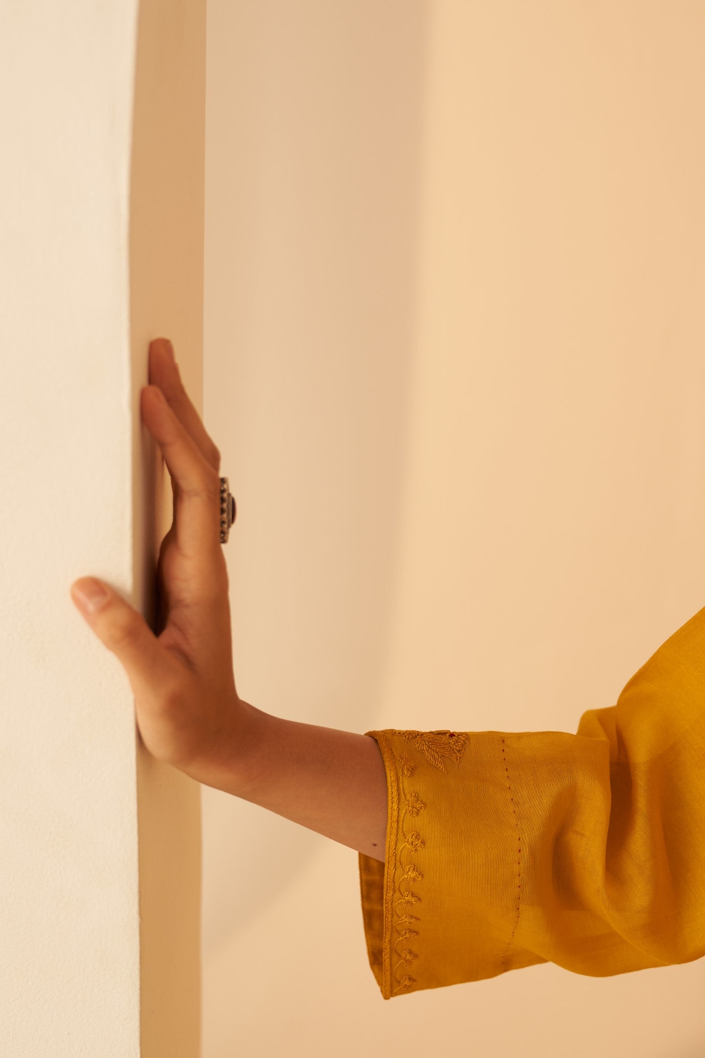 Mustard Chanderi floral embroidered and katha stitched work kurta paired with pant & organza dupatta