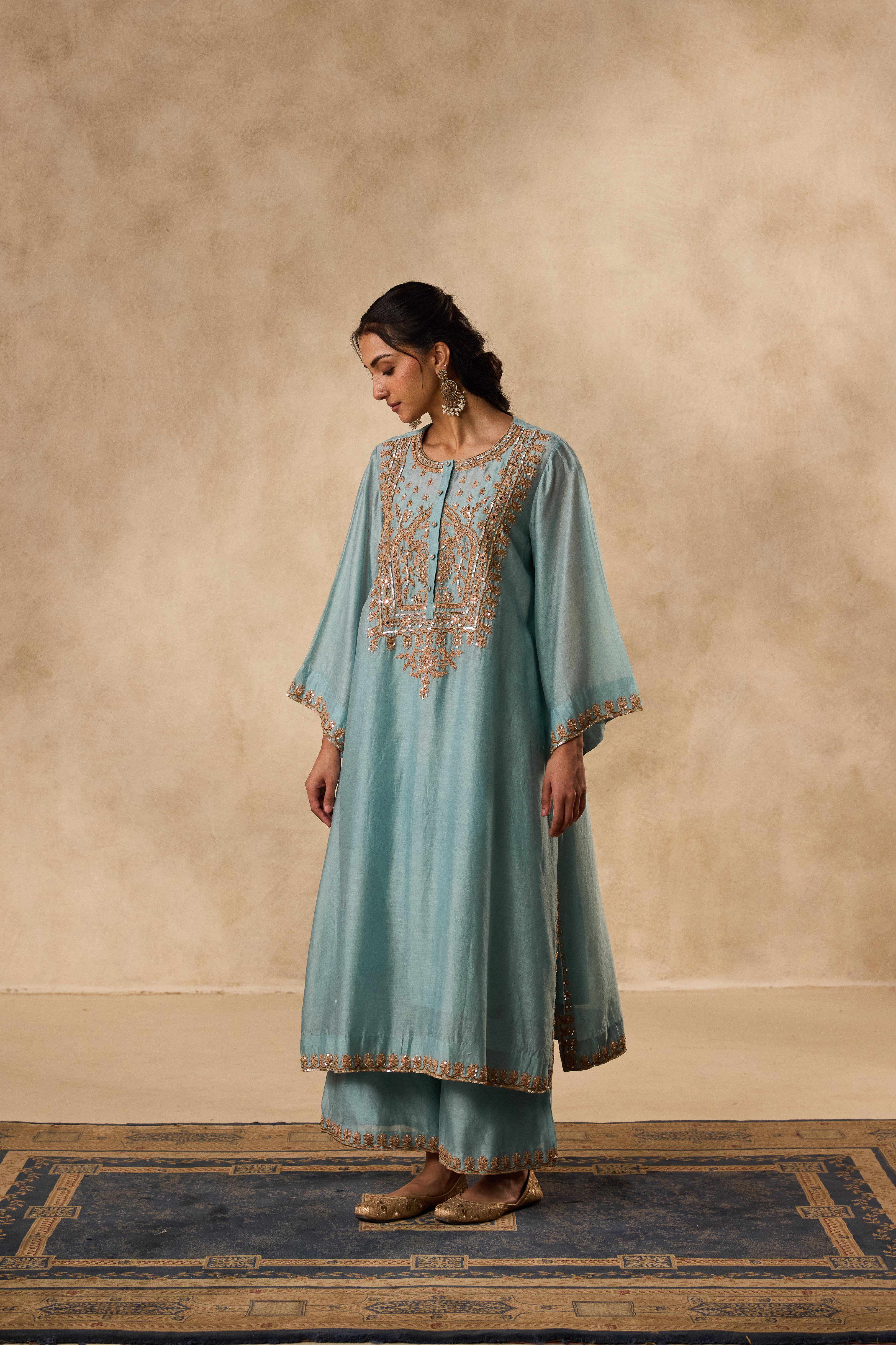 SKY BLUE A-LINE DORI & RESHAM EMBROIDERED CHANDERI KURTA WITH ORGANIC COTTON SLIP, MATCHING PANT & ORGANZA DUPATTA
