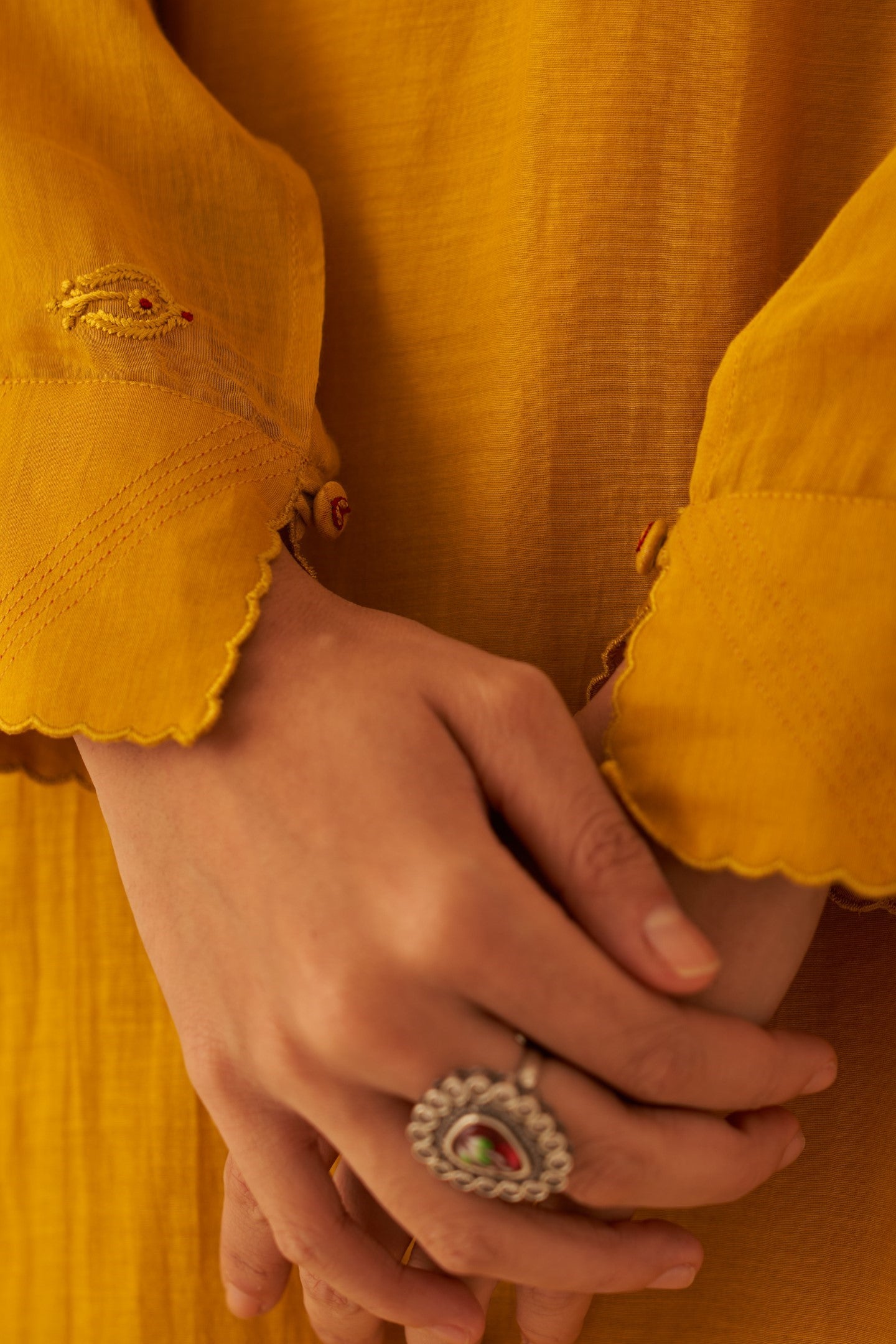 Mustard Chanderi resham buti embroidered tunic paired with cotton slip & Salwar