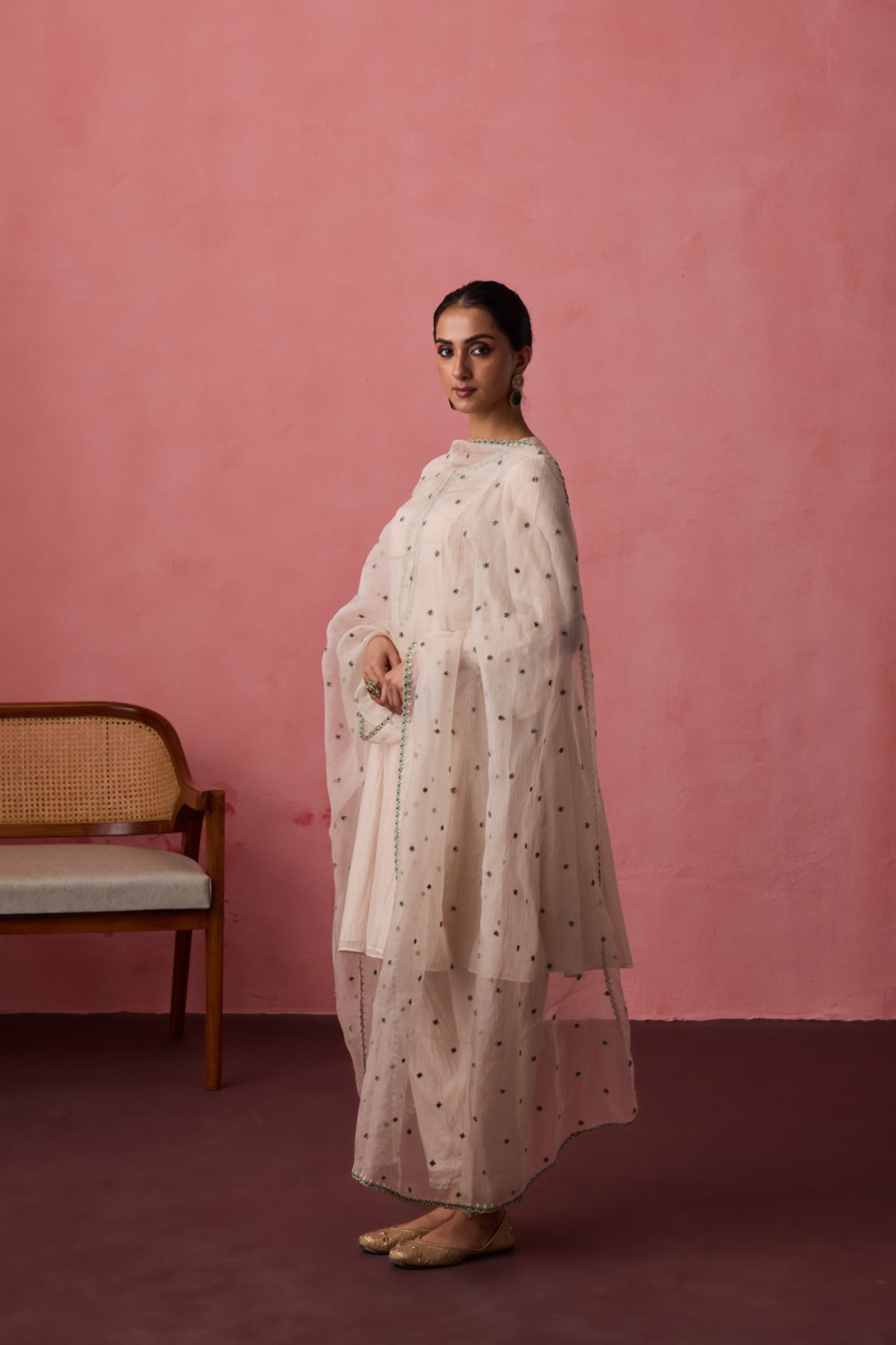 Ivory chanderi dori-Cross stitch embroidered anarkali with matching pants & organza dupatta