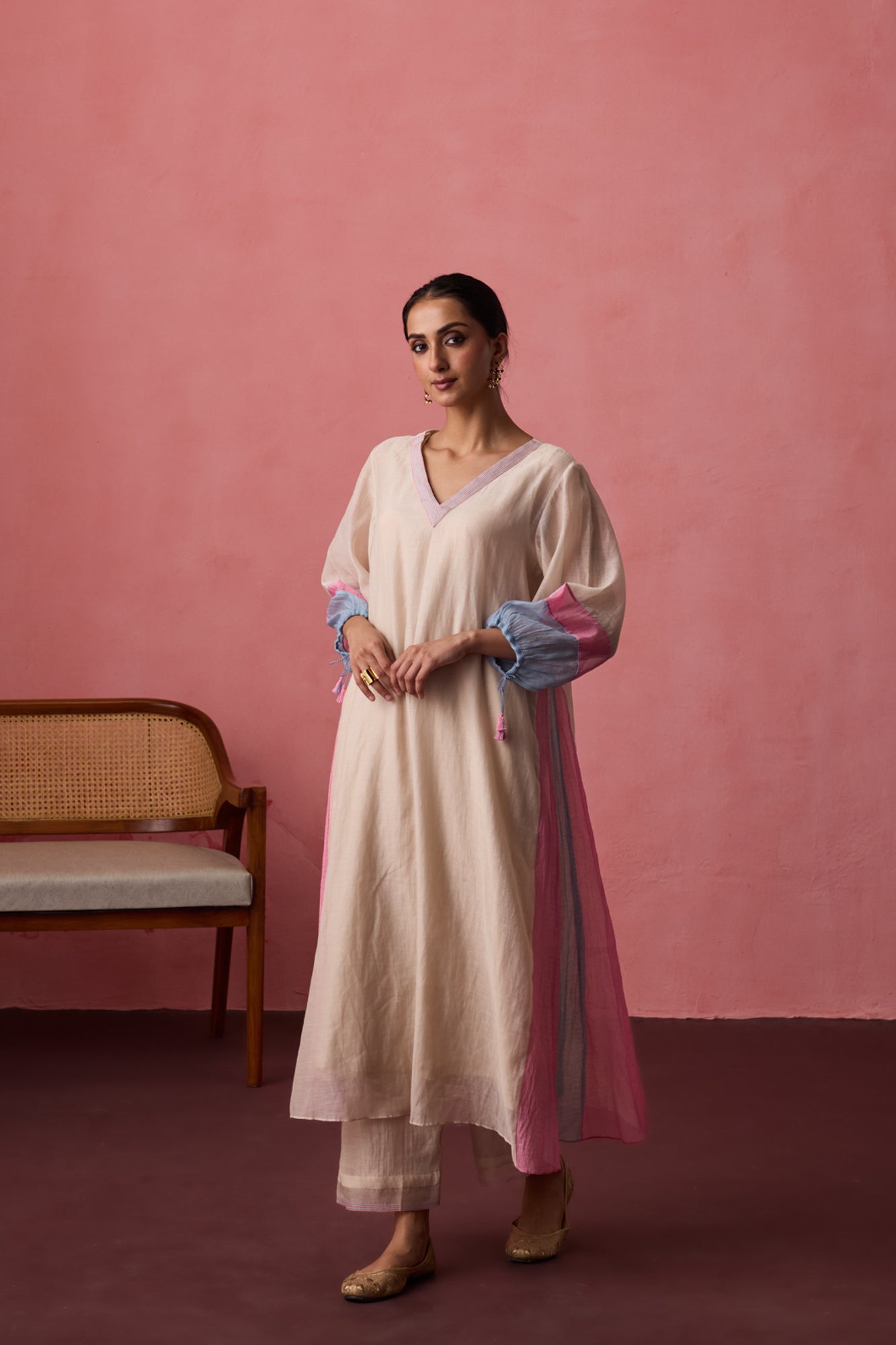 Ivory chanderi tunic paired with organic cotton slip & pant