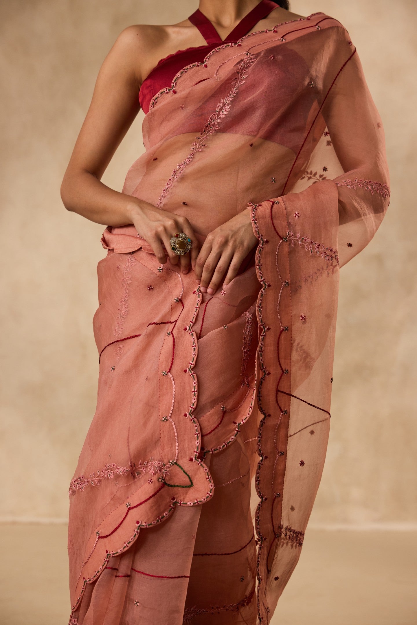 PEACH ORGANZA EMBROIDERED SAREE paired WITH UNSTITCHED CHANDERI BLOUSE FABRIC