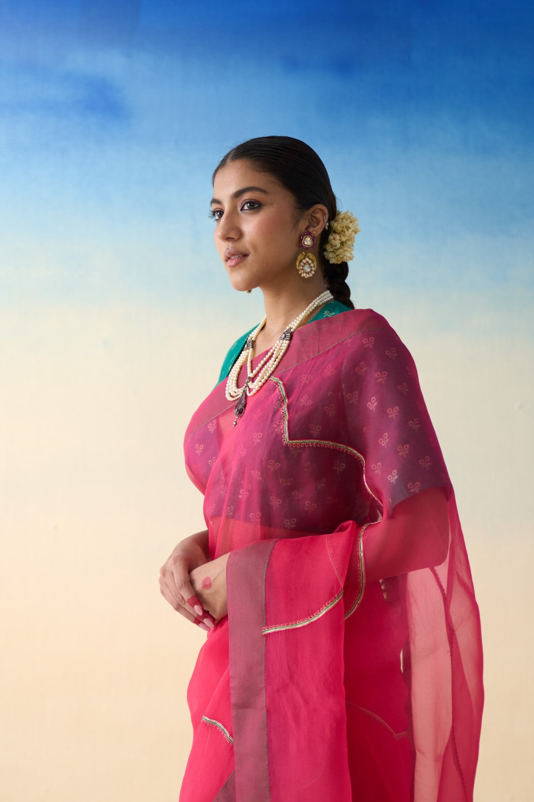 Fuchsia pink organza embroidered saree comes with an organic cotton stitched petticoat (02 Pcs.)