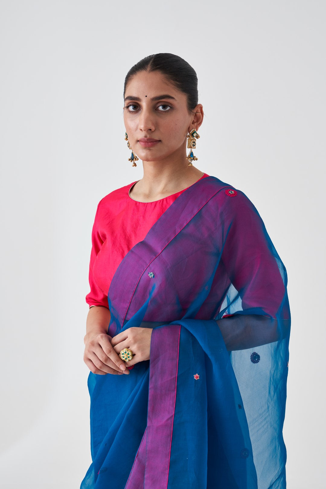 Blue Organza Embroidered Saree Paired with Organic Cotton Stitched Petticoat (02 Pcs.)