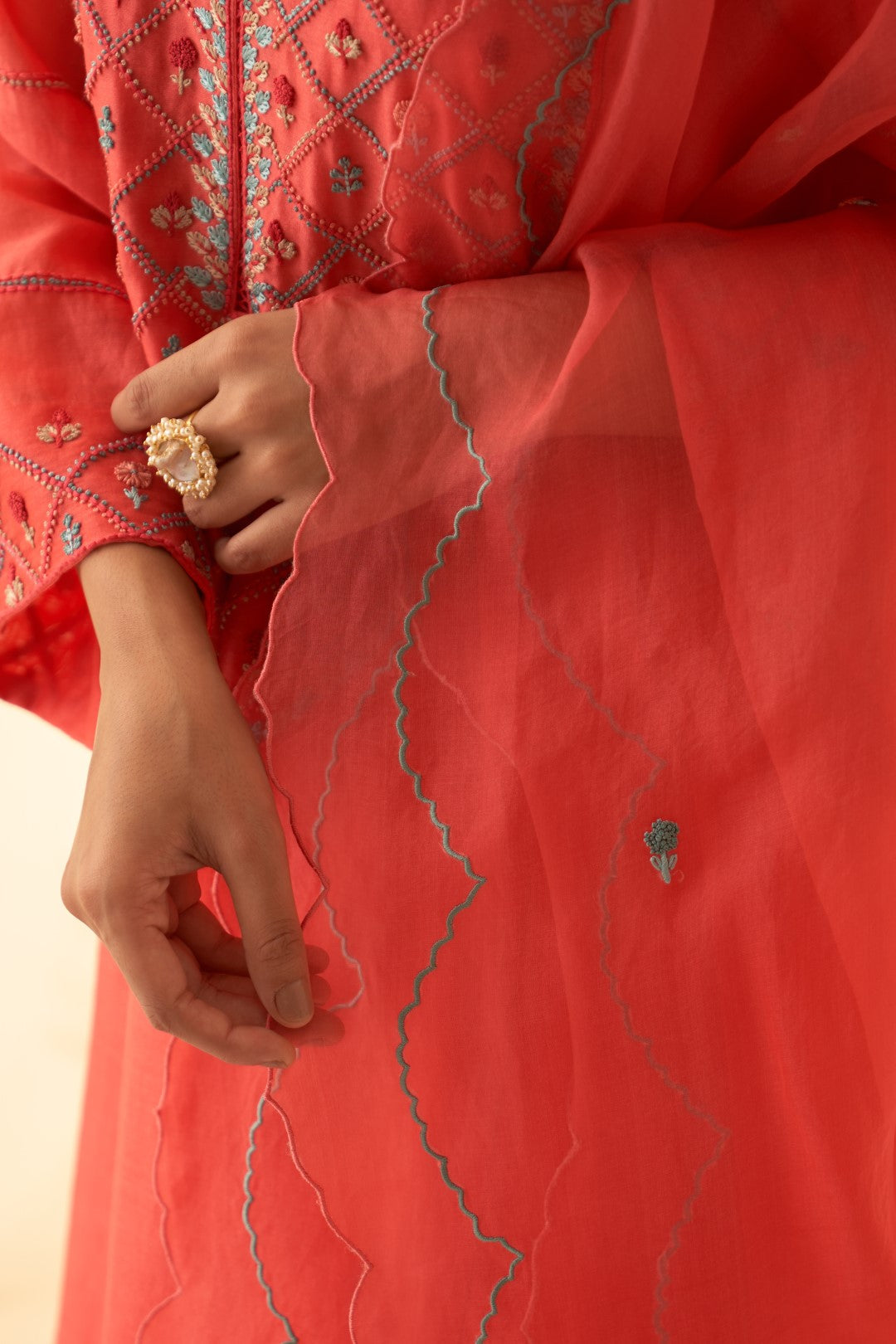 Coral Embroidered Kurta Set
