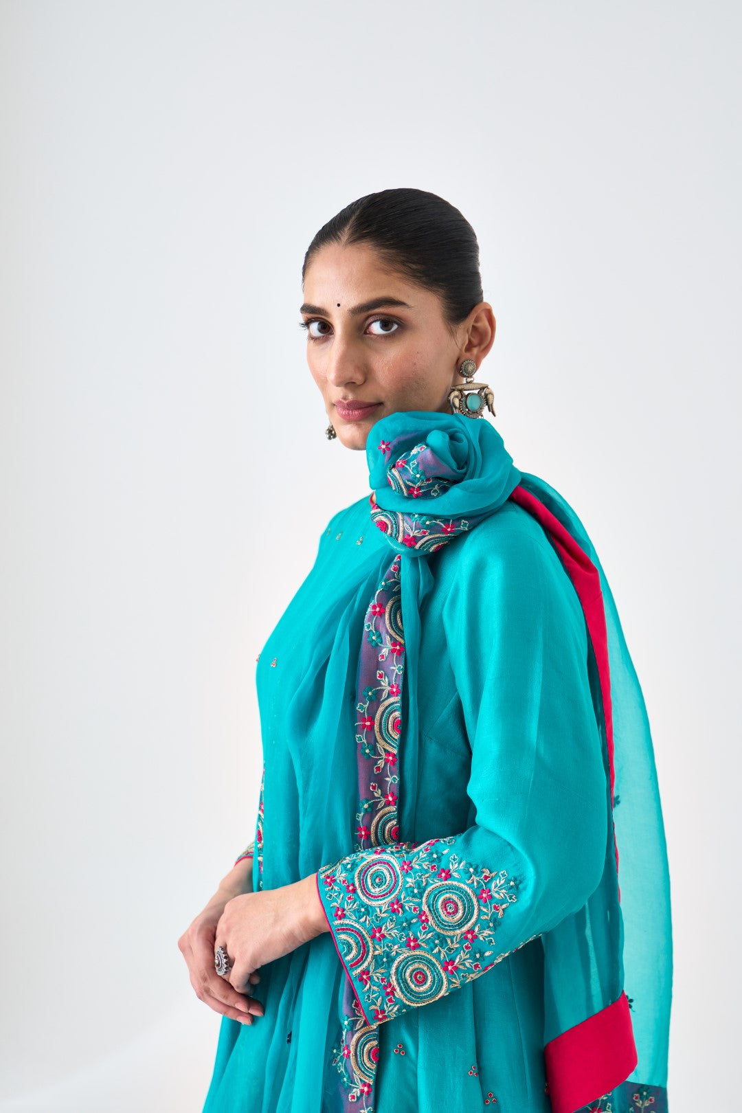 Turquoise Silk Dupion Embroidered Anarkali with Silk Pant & Organza Dupatta (03 Pcs.)