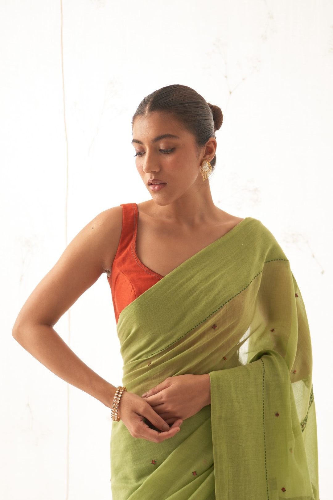 Green Chanderi Saree With Stitched Chanderi Blouse and Organic Cotton Stitched Petticoat ( 03 Pcs. )