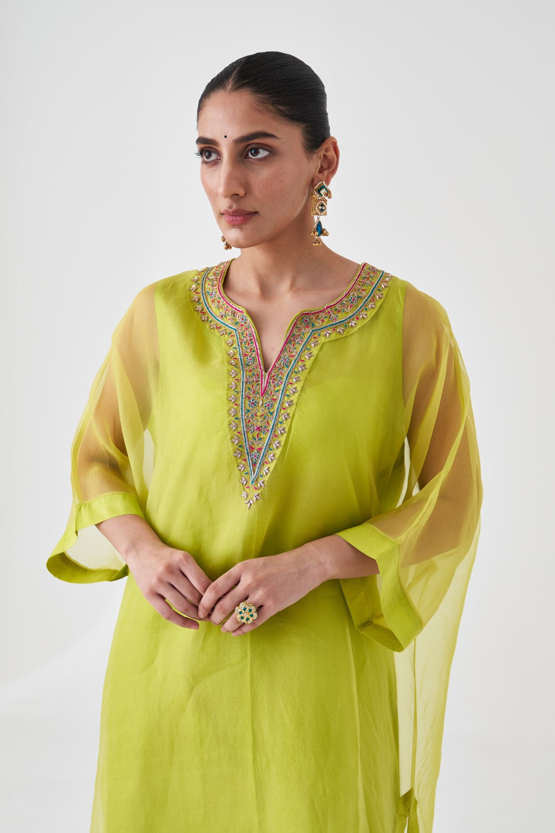 Lime Green Organza Embroidered Kaftan Paired with Silk Slip & Silk Pant (03 PCS.)