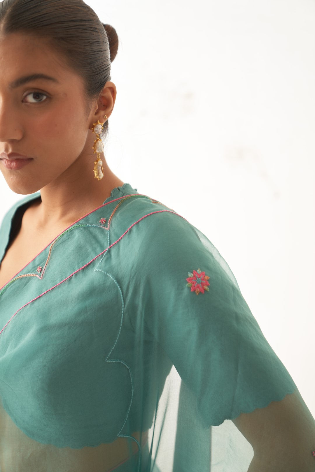 Teal Organza Saree Set Comes With Silk Stitched Blouse and Organic Cotton Stitched Petticoat (03 Pcs. )