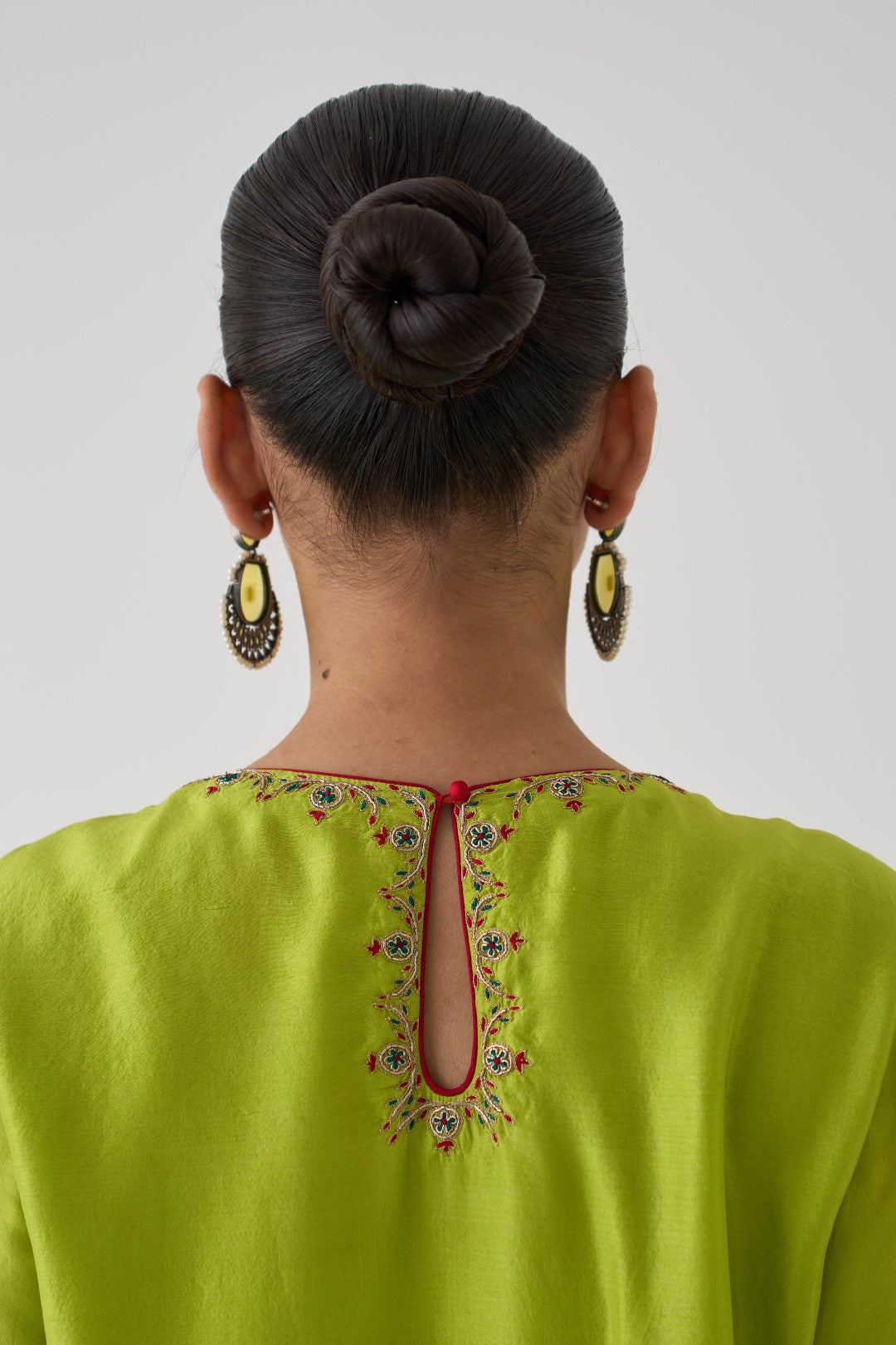 Lime Green Dupion Silk Embroidered Kurta Paired with Silk Pant & Organza Dupatta (03 Pcs.)