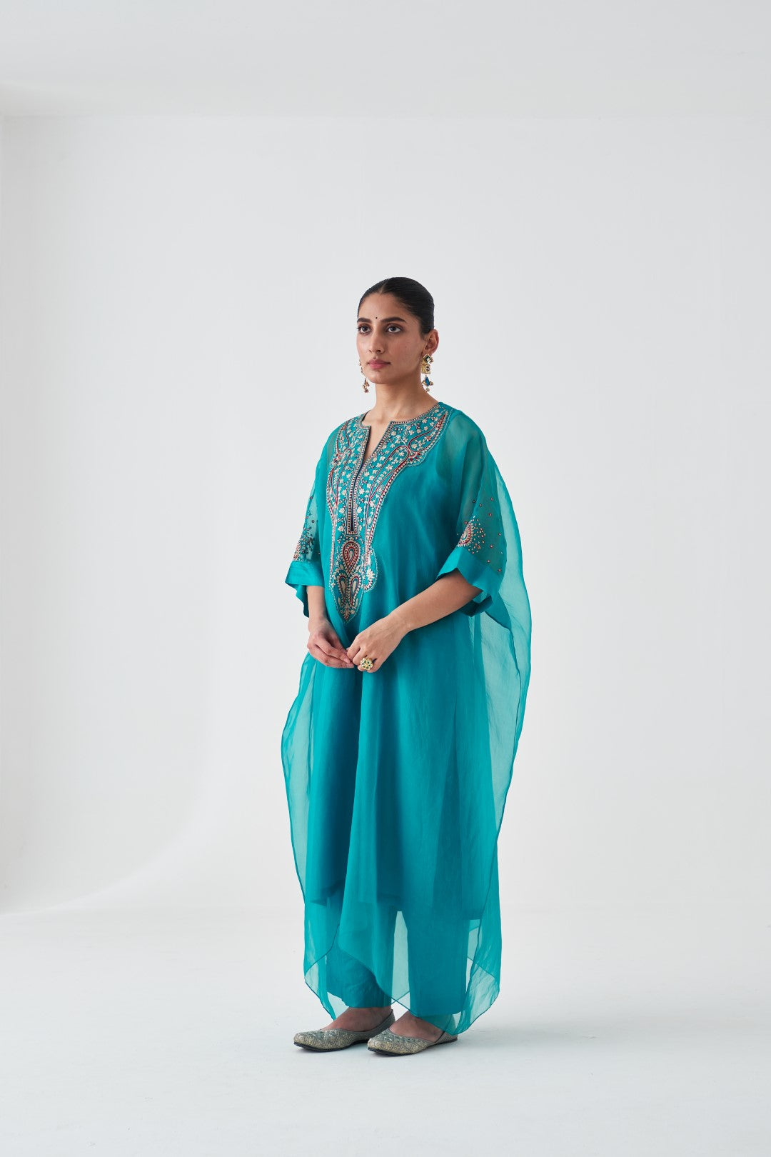 Turquoise Organza Embroidered Kaftan Paired with Silk Slip & Silk Pant (03 Pcs.)