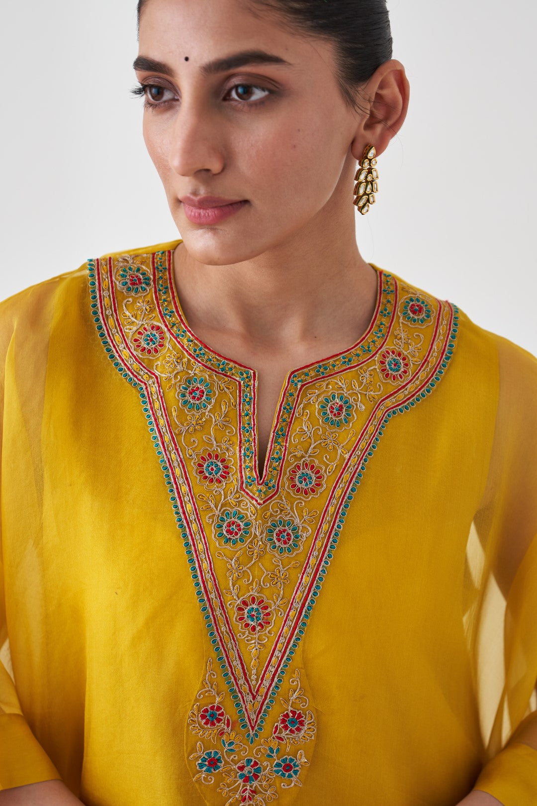 Yellow Organza Multicoloured Embroidered Kaftan Paired with Silk Slip and Pant (03 Pcs.)
