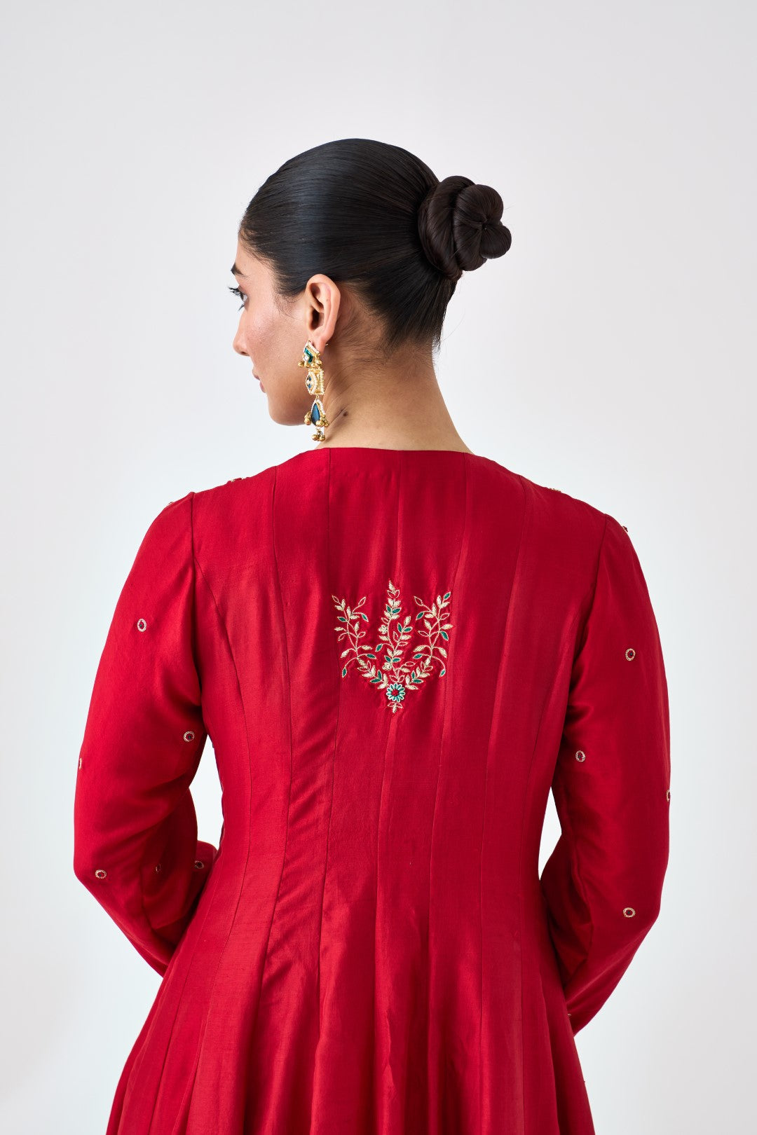 Maroon Dupion Silk Embroidered V Neck Anarkali paired with pant & organza dupatta (03 PCS.)