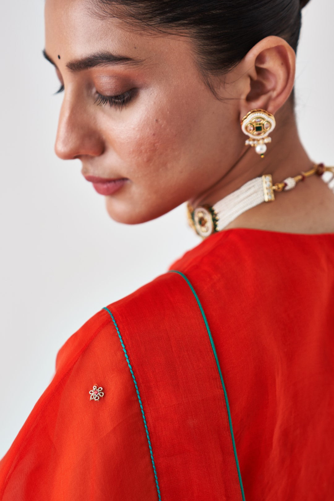 Orange Embroidered Organza Saree Paired with Organic Cotton Stitched Petticoat (02 Pcs.)